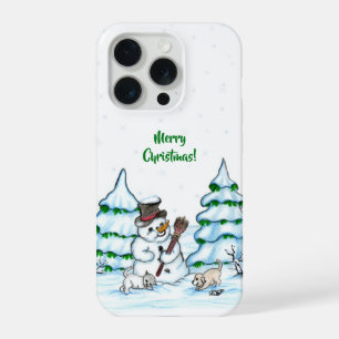 Frohe Weihnachten! Schneemann mit Katze und Welpe iPhone 15 Pro Hülle