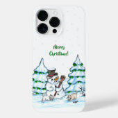Frohe Weihnachten! Schneemann mit Katze und Welpe iPhone Hülle (Rückseite)