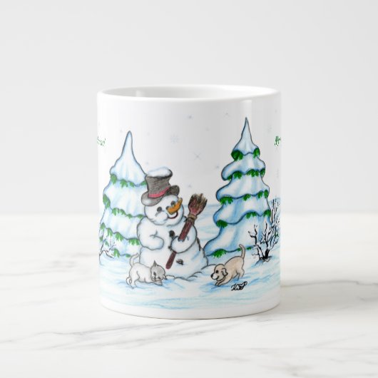 Frohe Weihnachten! Schneemann mit Katze und Welpe Jumbo-Tasse (Vorderseite)