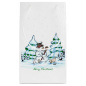 Frohe Weihnachten! Schneemann mit Katze und Welpe Kleine Geschenktüte (Rückseite)