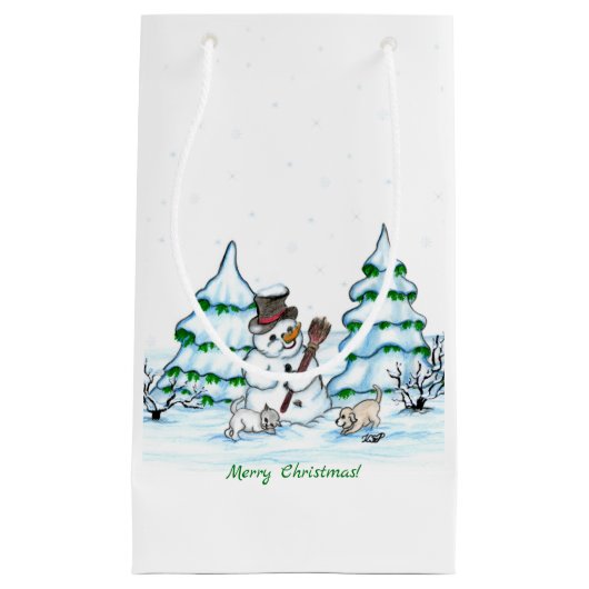 Frohe Weihnachten! Schneemann mit Katze und Welpe Kleine Geschenktüte (Vorderseite)