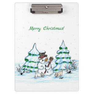 Frohe Weihnachten! Schneemann mit Katze und Welpe Klemmbrett