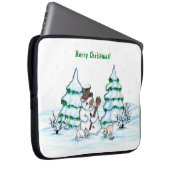 Frohe Weihnachten! Schneemann mit Katze und Welpe Laptopschutzhülle (Vorne Rechts)