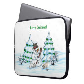 Frohe Weihnachten! Schneemann mit Katze und Welpe Laptopschutzhülle (Vorderseite Links)