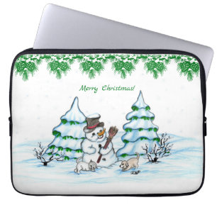 Frohe Weihnachten! Schneemann mit Katze und Welpe Laptopschutzhülle