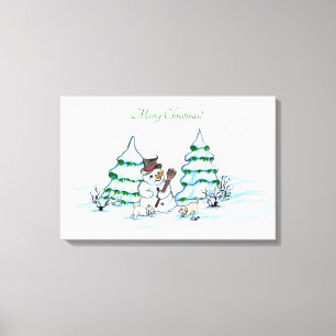 Frohe Weihnachten! Schneemann mit Katze und Welpe Leinwanddruck