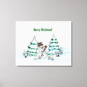 Frohe Weihnachten! Schneemann mit Katze und Welpe Leinwanddruck