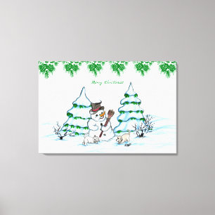 Frohe Weihnachten! Schneemann mit Katze und Welpe Leinwanddruck
