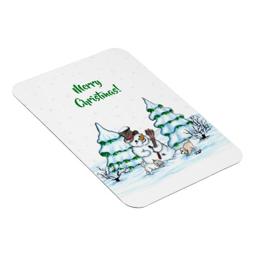 Frohe Weihnachten! Schneemann mit Katze und Welpe Magnet (Rechte Seite)