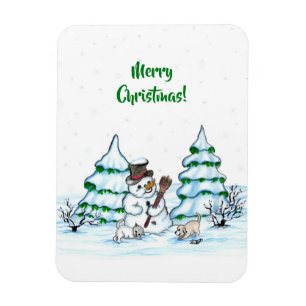 Frohe Weihnachten! Schneemann mit Katze und Welpe Magnet