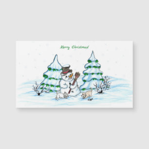 Frohe Weihnachten! Schneemann mit Katze und Welpe Magnetkarte