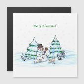 Frohe Weihnachten! Schneemann mit Katze und Welpe Magnetkarte (Vorne/Hinten)