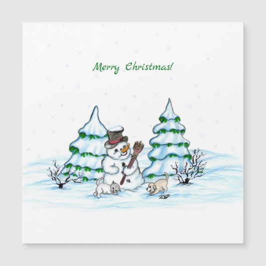 Frohe Weihnachten! Schneemann mit Katze und Welpe Magnetkarte (Vorderseite)