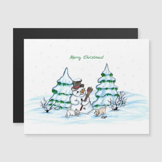 Frohe Weihnachten! Schneemann mit Katze und Welpe Magnetkarte (Vorne/Hinten)