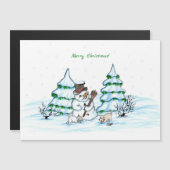 Frohe Weihnachten! Schneemann mit Katze und Welpe Magnetkarte (Vorne/Hinten)