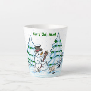 Frohe Weihnachten! Schneemann mit Katze und Welpe Milchtasse