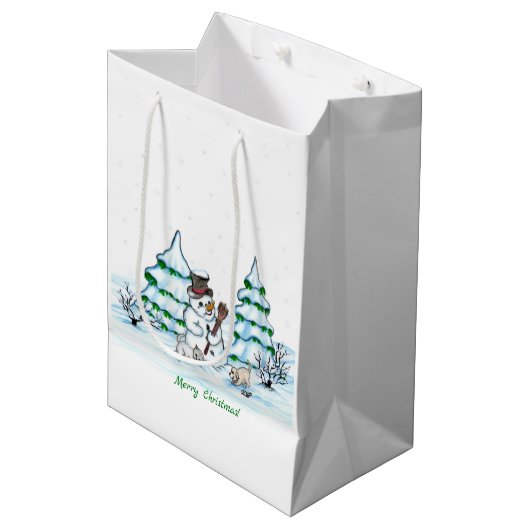 Frohe Weihnachten! Schneemann mit Katze und Welpe Mittlere Geschenktüte (Vorderseite Schrägansicht)