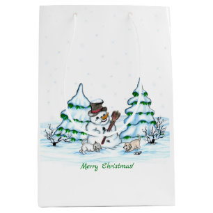 Frohe Weihnachten! Schneemann mit Katze und Welpe Mittlere Geschenktüte