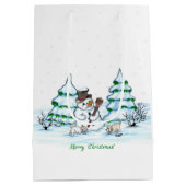 Frohe Weihnachten! Schneemann mit Katze und Welpe Mittlere Geschenktüte (Rückseite)