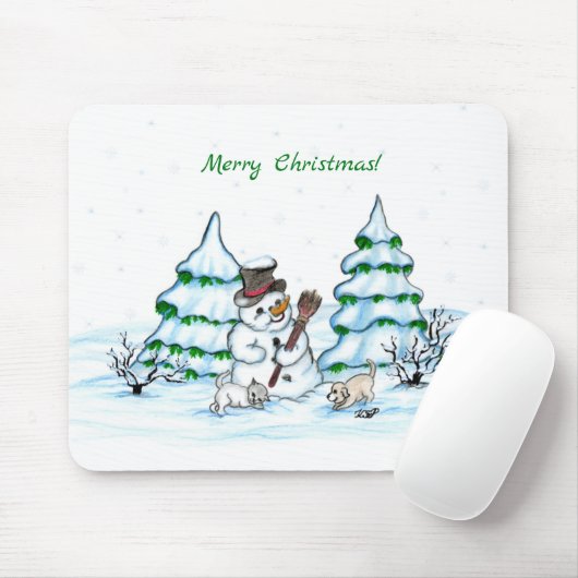 Frohe Weihnachten! Schneemann mit Katze und Welpe Mousepad (Mit Mouse)