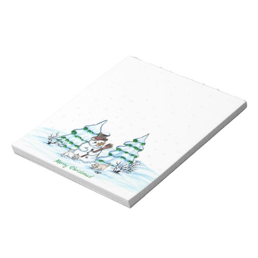 Frohe Weihnachten! Schneemann mit Katze und Welpe Notizblock (Rotiert)