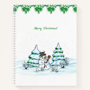 Frohe Weihnachten! Schneemann mit Katze und Welpe Notizblock