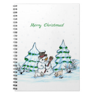 Frohe Weihnachten! Schneemann mit Katze und Welpe Notizblock