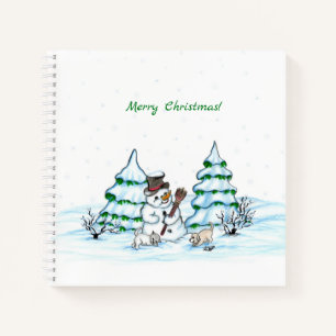 Frohe Weihnachten! Schneemann mit Katze und Welpe Notizblock