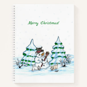 Frohe Weihnachten! Schneemann mit Katze und Welpe Notizblock