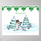 Frohe Weihnachten! Schneemann mit Katze und Welpe Poster (Vorne)