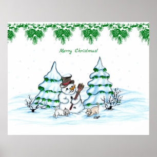 Frohe Weihnachten! Schneemann mit Katze und Welpe Poster