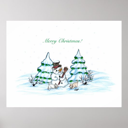 Frohe Weihnachten! Schneemann mit Katze und Welpe Poster (Vorne)