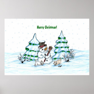 Frohe Weihnachten! Schneemann mit Katze und Welpe Poster