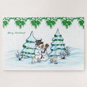 Frohe Weihnachten! Schneemann mit Katze und Welpe Puzzle