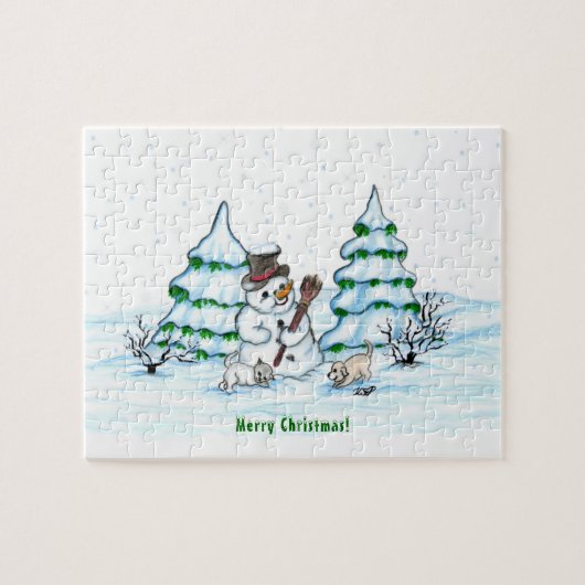 Frohe Weihnachten! Schneemann mit Katze und Welpe Puzzle (Horizontal)