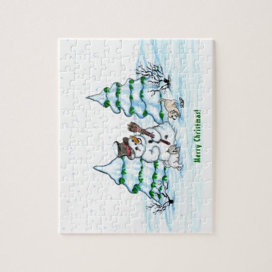 Frohe Weihnachten! Schneemann mit Katze und Welpe Puzzle (Vertikal)