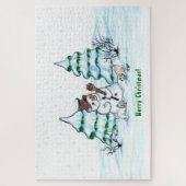 Frohe Weihnachten! Schneemann mit Katze und Welpe Puzzle (Vertikal)