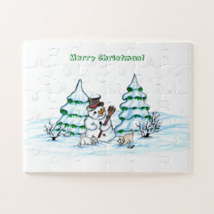 Frohe Weihnachten! Schneemann mit Katze und Welpe Puzzle