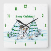 Frohe Weihnachten! Schneemann mit Katze und Welpe Quadratische Wanduhr (Vorderseite)