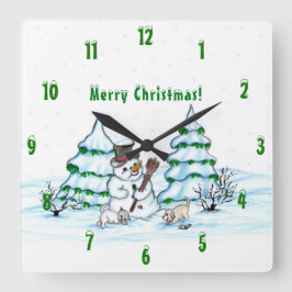Frohe Weihnachten! Schneemann mit Katze und Welpe Quadratische Wanduhr