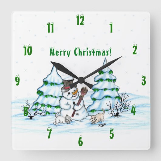 Frohe Weihnachten! Schneemann mit Katze und Welpe Quadratische Wanduhr (Vorderseite)