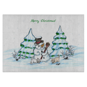 Frohe Weihnachten! Schneemann mit Katze und Welpe Schneidebrett