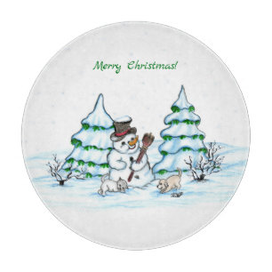 Frohe Weihnachten! Schneemann mit Katze und Welpe Schneidebrett