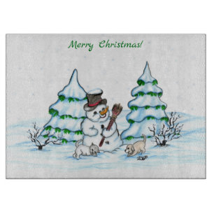 Frohe Weihnachten! Schneemann mit Katze und Welpe Schneidebrett