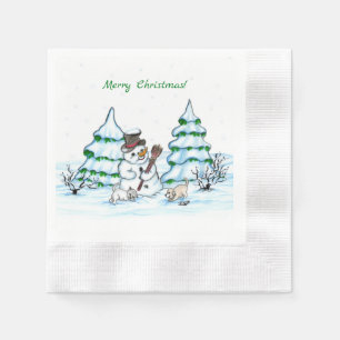 Frohe Weihnachten! Schneemann mit Katze und Welpe Serviette