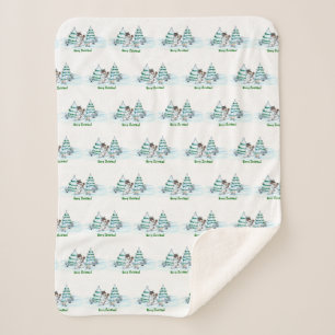 Frohe Weihnachten! Schneemann mit Katze und Welpe Sherpadecke