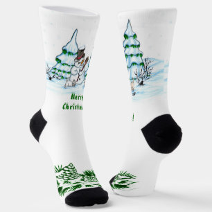 Frohe Weihnachten! Schneemann mit Katze und Welpe Socken