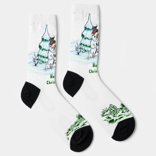 Frohe Weihnachten! Schneemann mit Katze und Welpe Socken (Rechts)