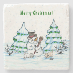 Frohe Weihnachten! Schneemann mit Katze und Welpe Steinuntersetzer