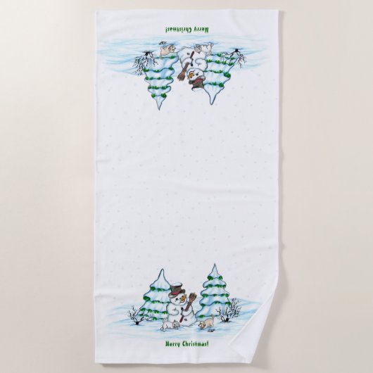 Frohe Weihnachten! Schneemann mit Katze und Welpe Strandtuch (Vorderseite)